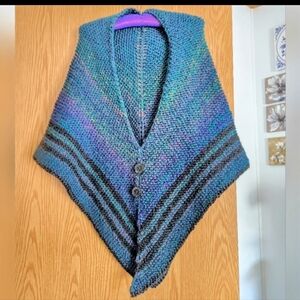 Handknit Pointed Shawl Wrap in Teal & Black Stripes. FIRM